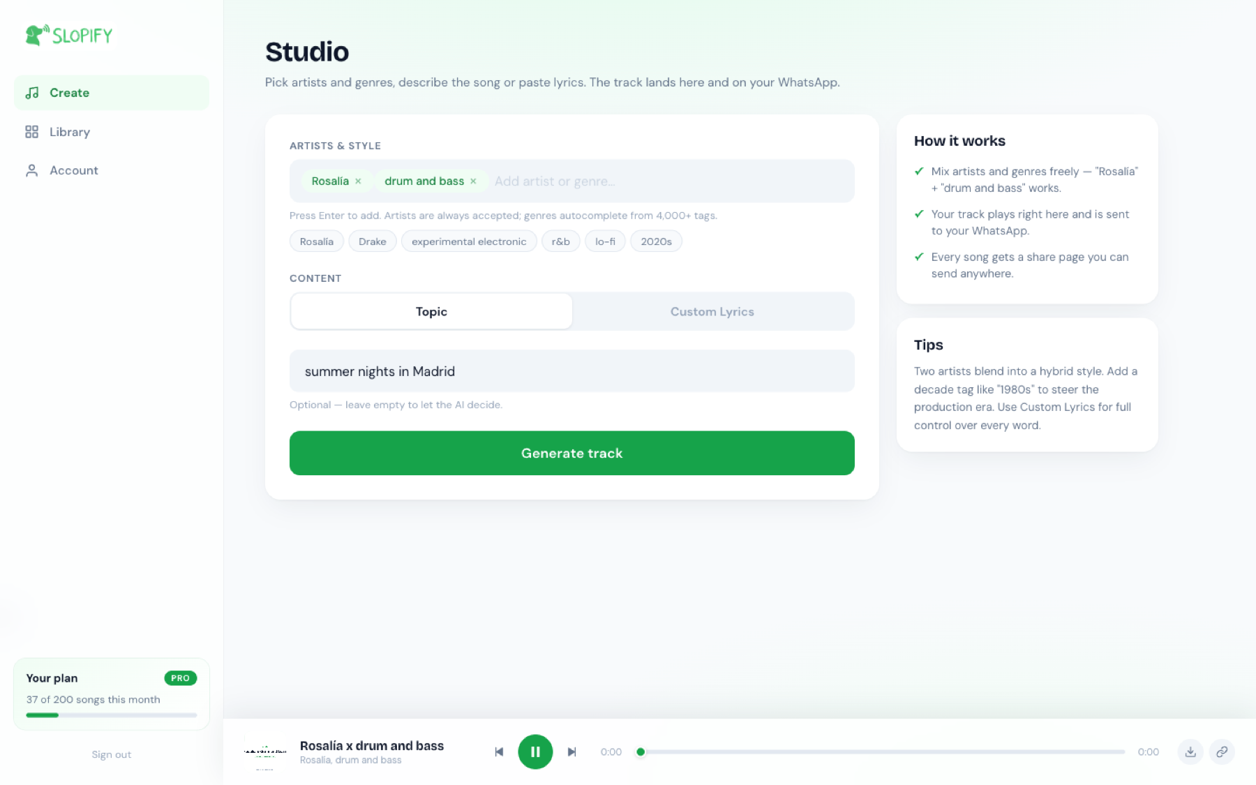 The Slopify Studio create view: artist and genre tags, topic or custom lyrics