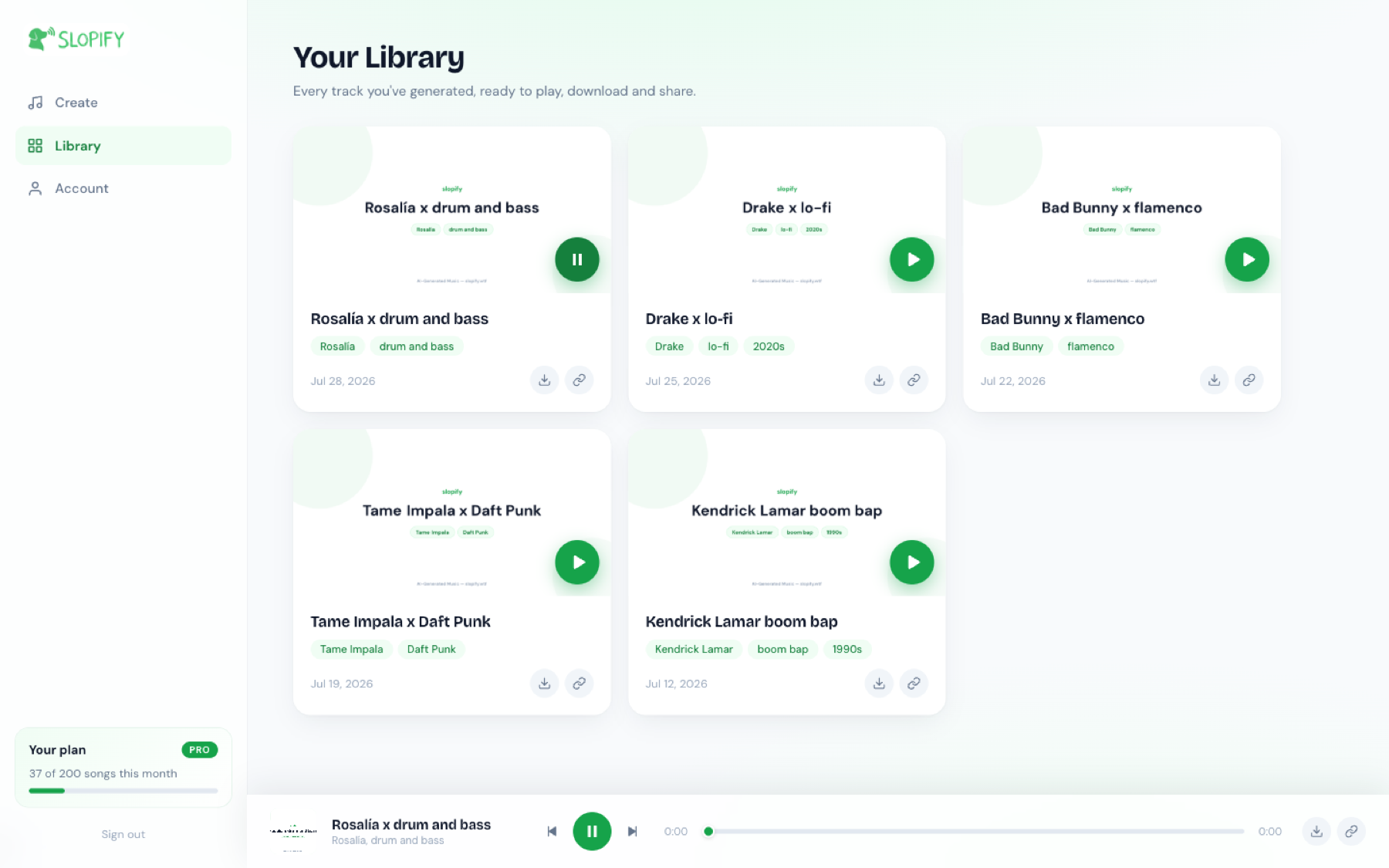 The Slopify Studio library: generated tracks with cover art and a music player
